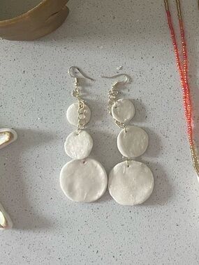 Handmade Air Dry Clay Triple Shimmer disc Earrings in Ivory with Gold Accents